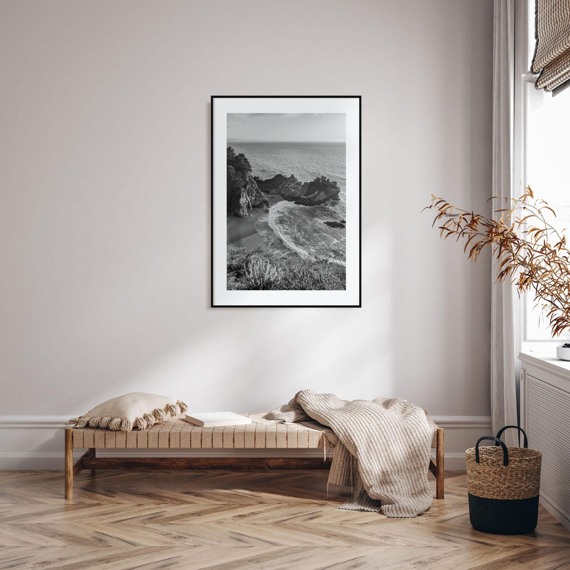 Big Sur California Coastal Cliffs Waterfall Black and White Poster - Image 2