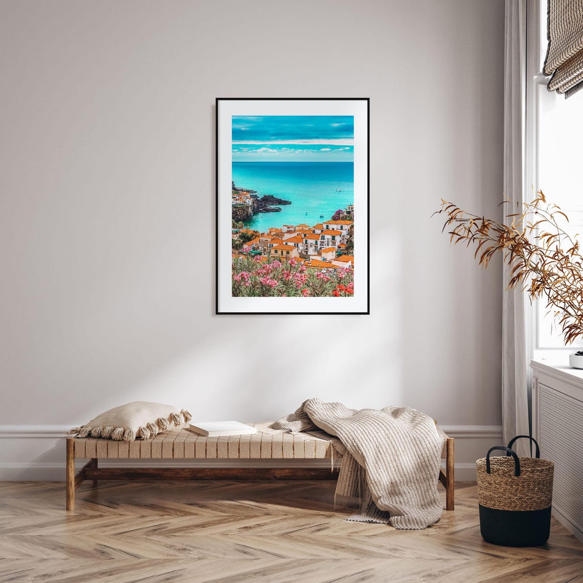 Mediterranean Coastal Village Turquoise Sea Flowers Wall Art - Image 2