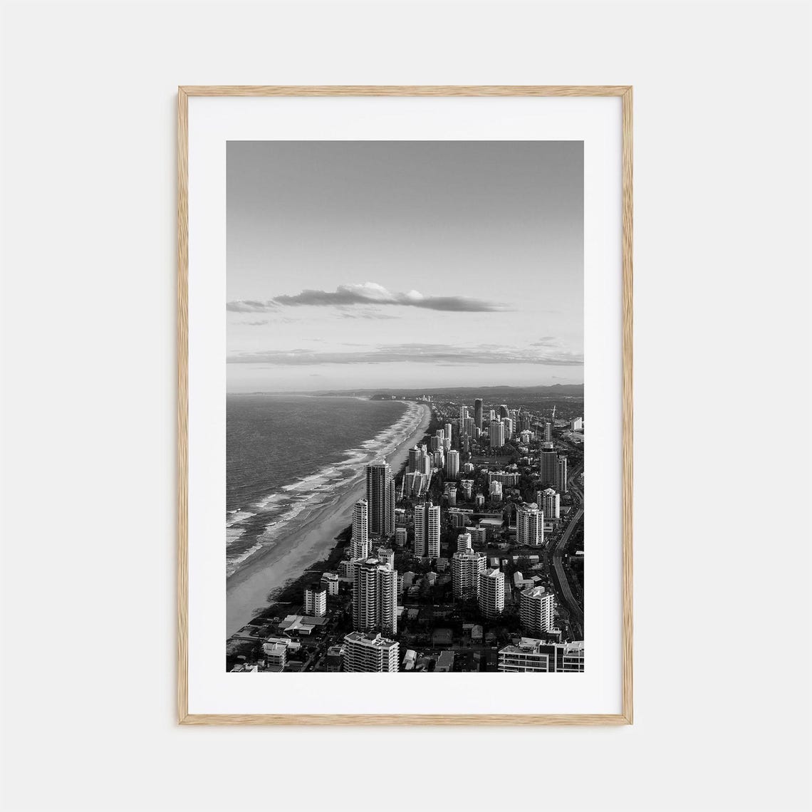 Coastal Resort City High Rises Along A Curved Beach Black White Poster