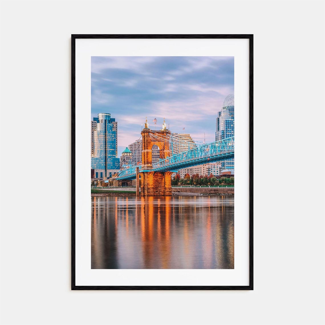 Cincinnati Roebling Suspension Bridge at Dusk Over the River Poster