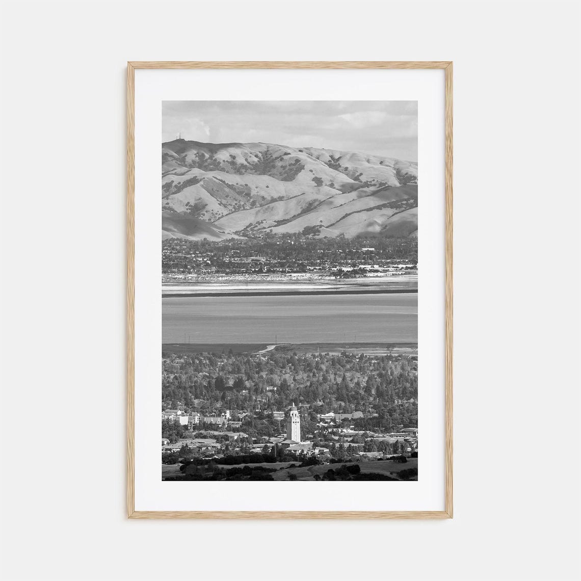 Palo Alto Hoover Tower Over Bay And Hills Black And White Photo Poster