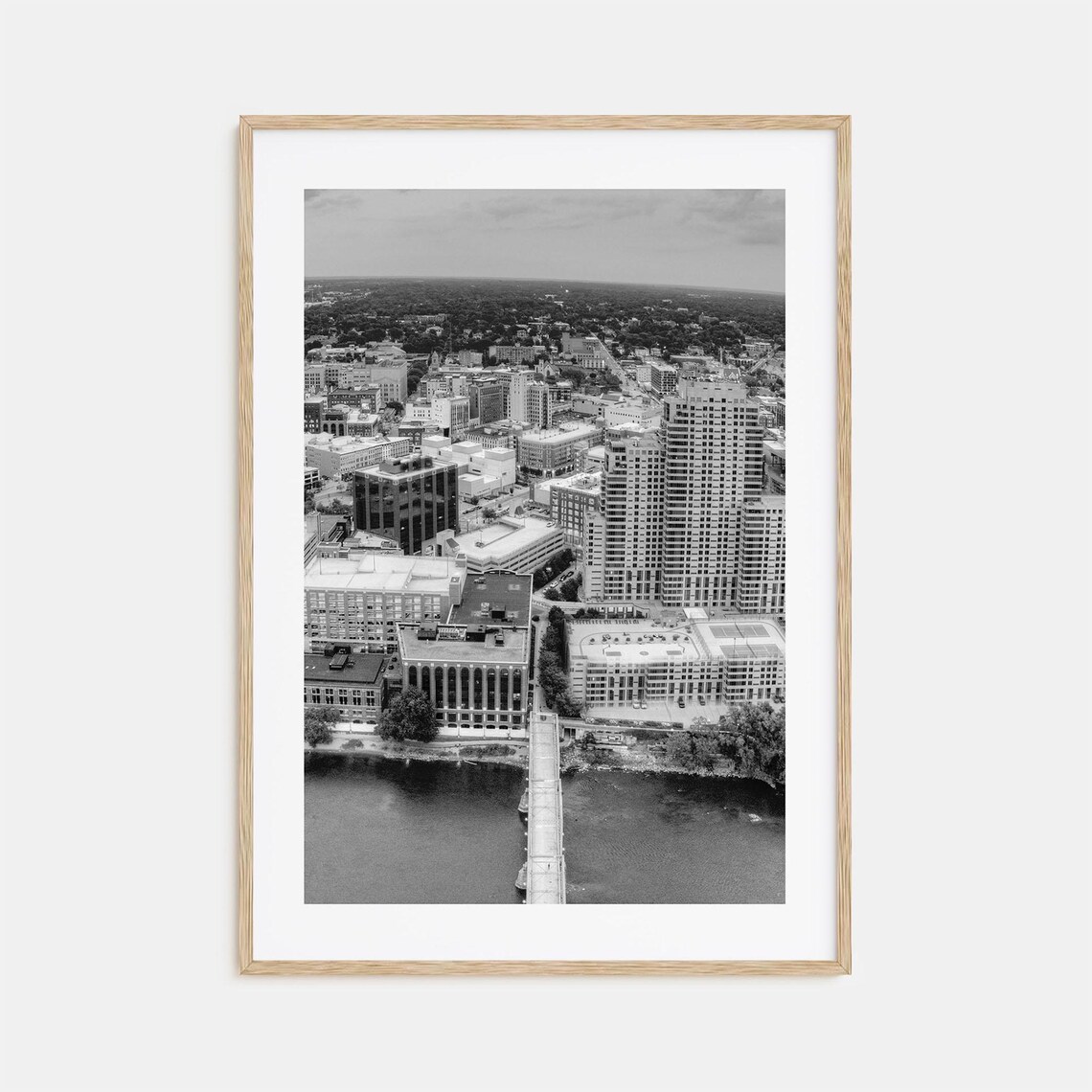 Grand Rapids Aerial Downtown River Footbridge Black and White Poster