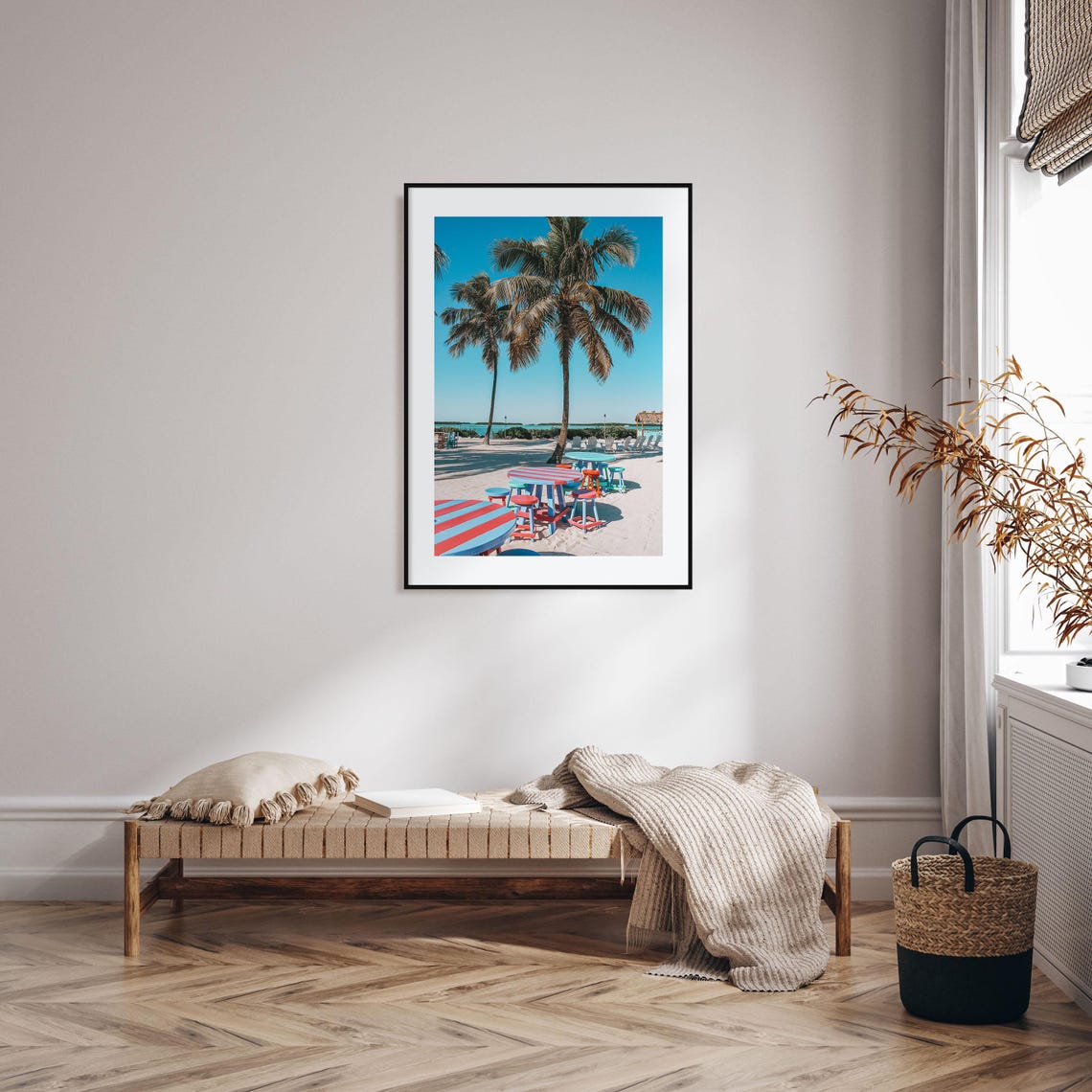 Tropical Beach Picnic Tables Palm Trees Summer Photo Art Print - Image 2