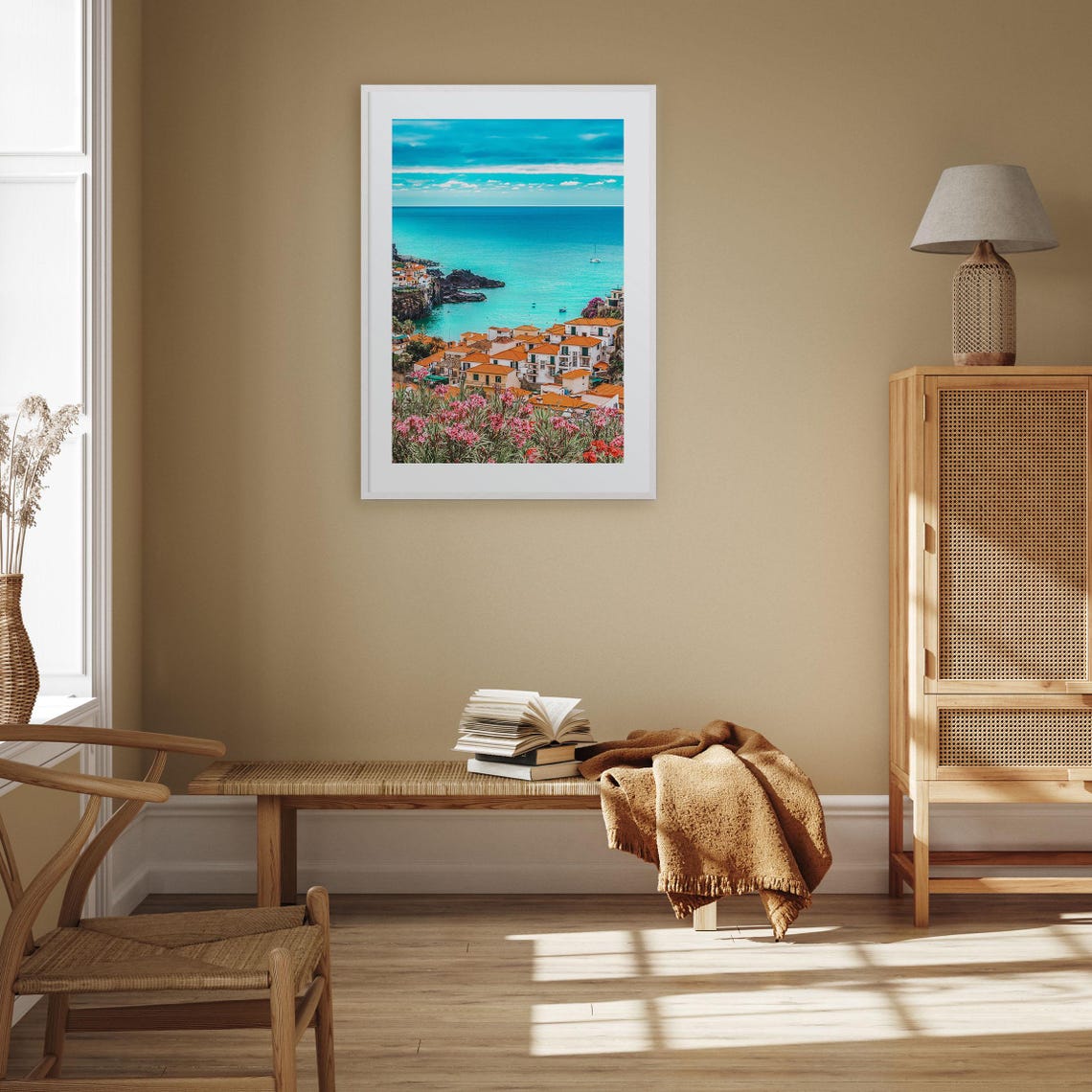 Mediterranean Coastal Village Turquoise Sea Flowers Wall Art - Image 3