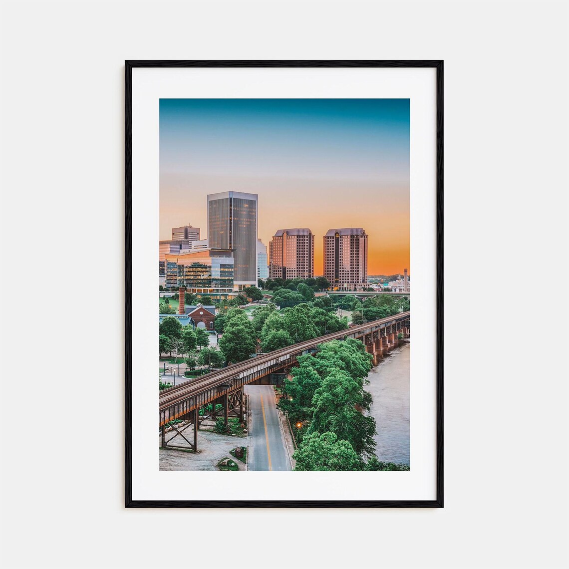 City Skyline at Sunset with Railroad Bridge River Photo Poster