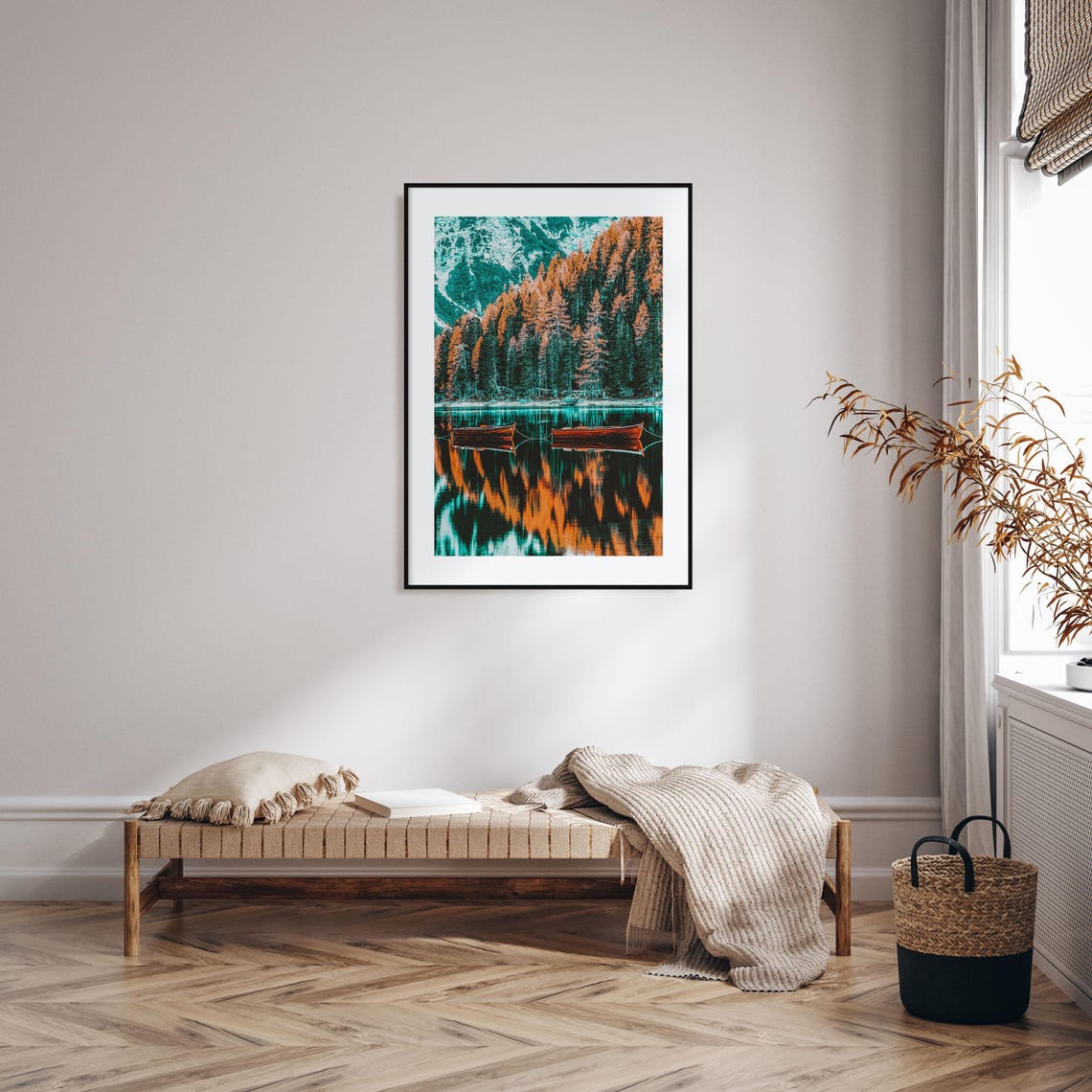 Dolomites Alpine Lake Red Boats Autumn Reflection Mountain Poster - Image 2