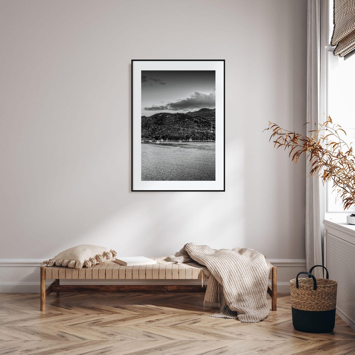 Boats On A Bay Beneath Forested Mountains Black White Poster - Image 2