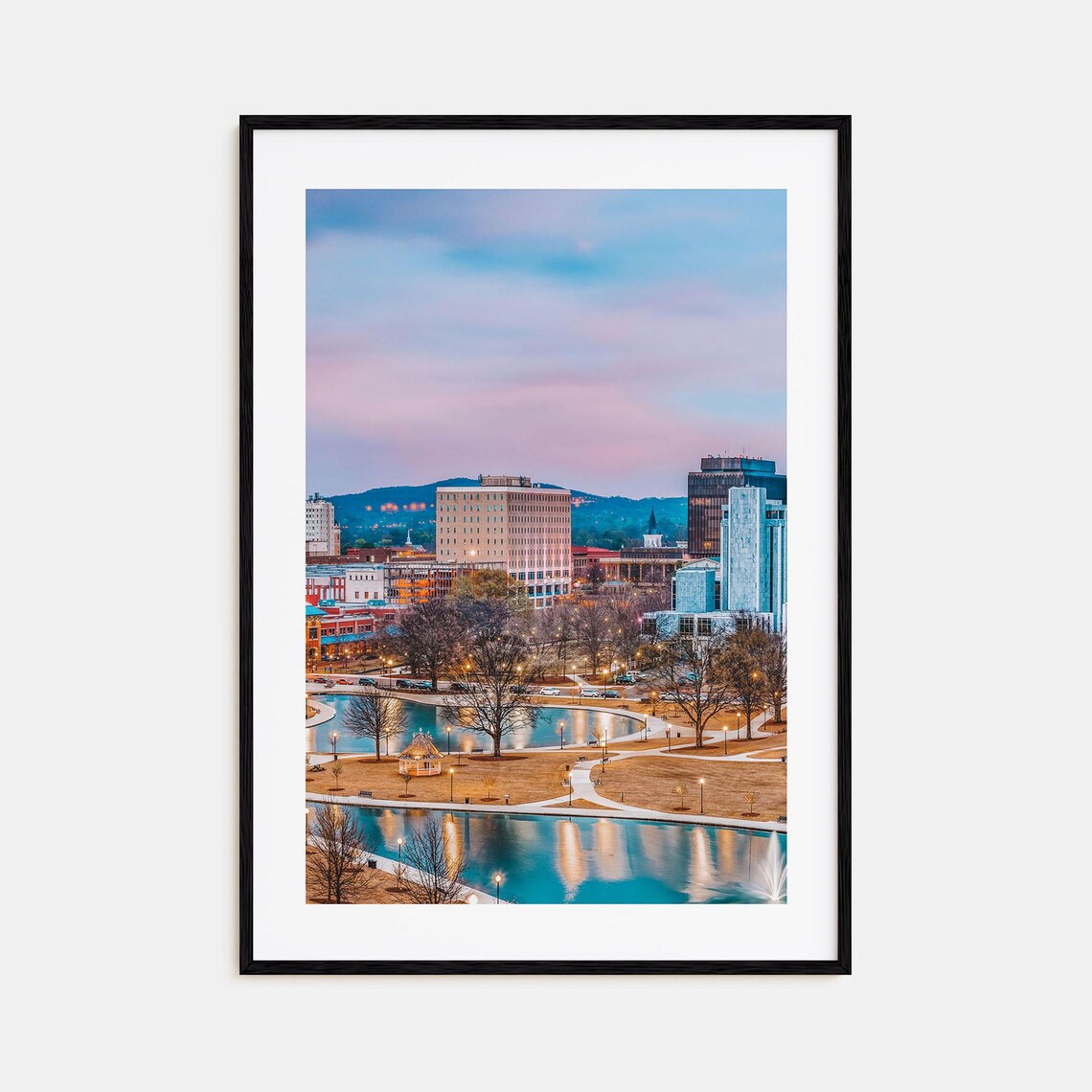 Huntsville Downtown Park Fountains at Dusk Skyline Scenic Print