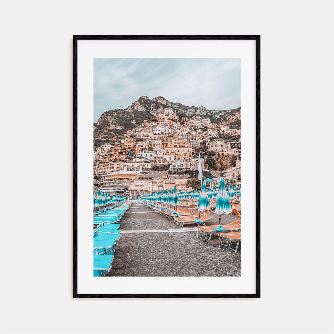 Positano Beach Umbrellas Cliffside Village Italy Scene Poster