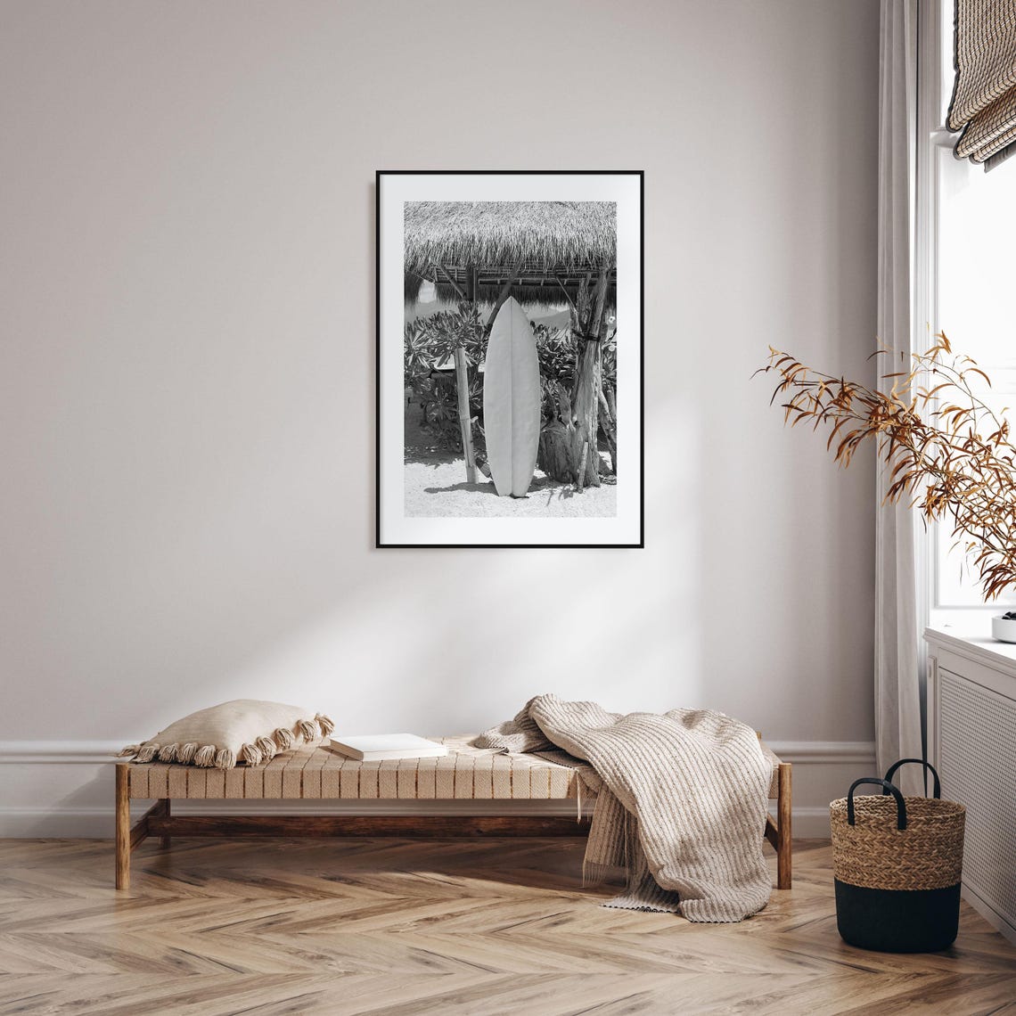 Surfboard Standing Under Thatched Beach Hut Tropical Photo Poster - Image 2