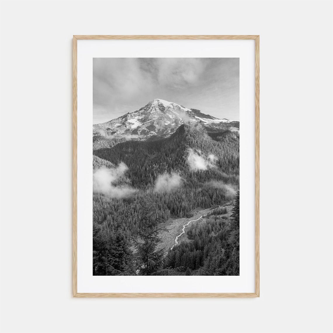 Mount Rainier Glacier Peak Forest Valley Black And White Poster