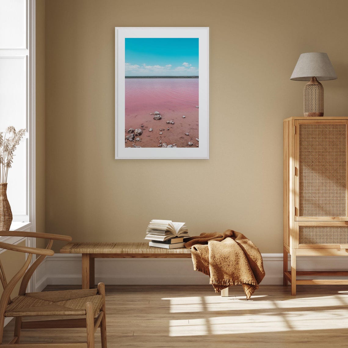 Pink Salt Lake Minimalist Landscape Pastel Blue Sky Nature Poster - Image 3
