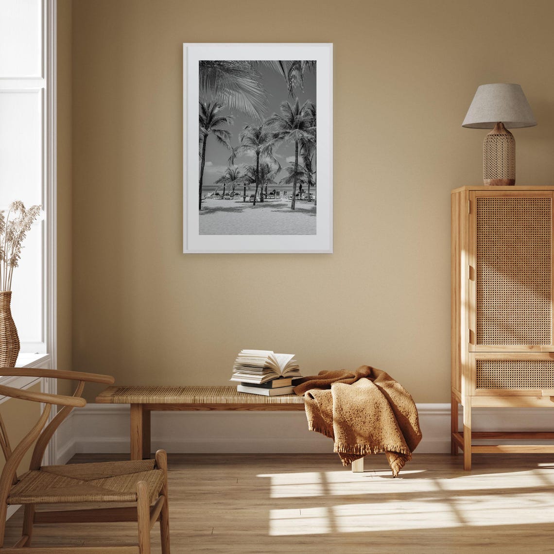 Aruba Palm Tree Beach Lounge Chairs Ocean View Black and White Poster - Image 3