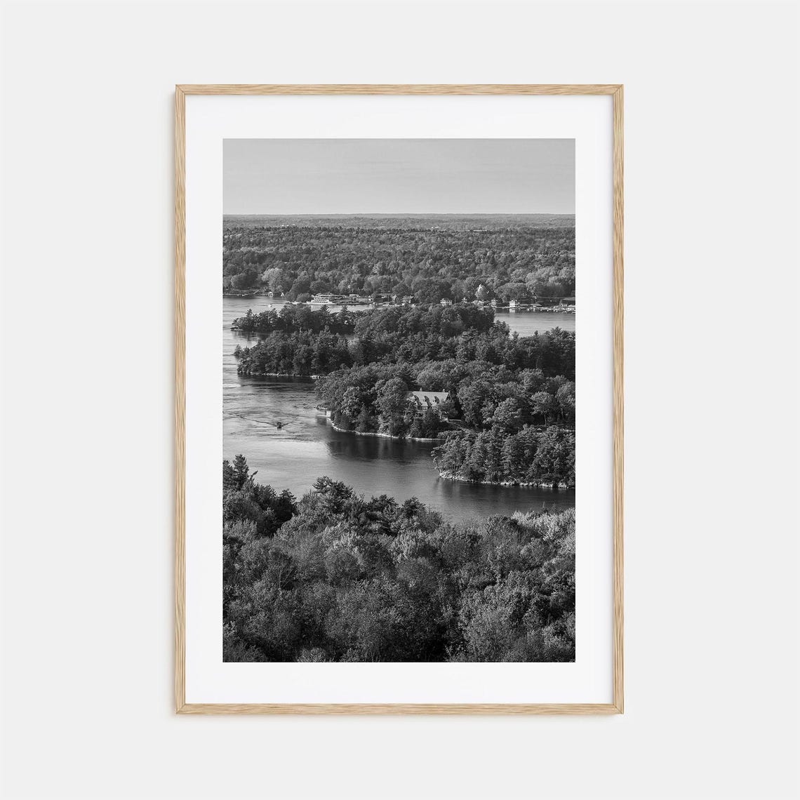 Thousand Islands River Cottages Forest Aerial Black White Poster