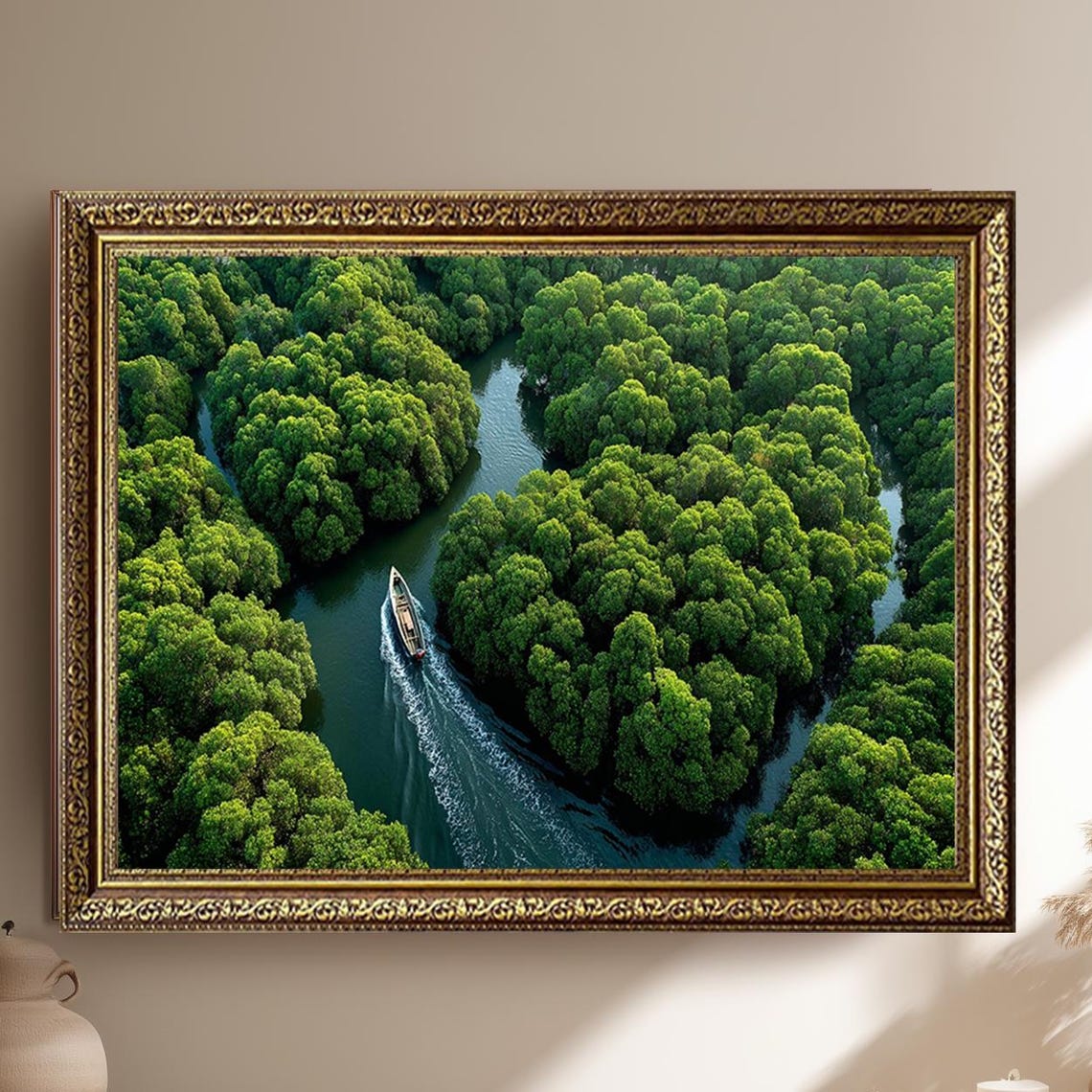 Aerial Jungle River Boat Canopy Green Rainforest Photo Poster