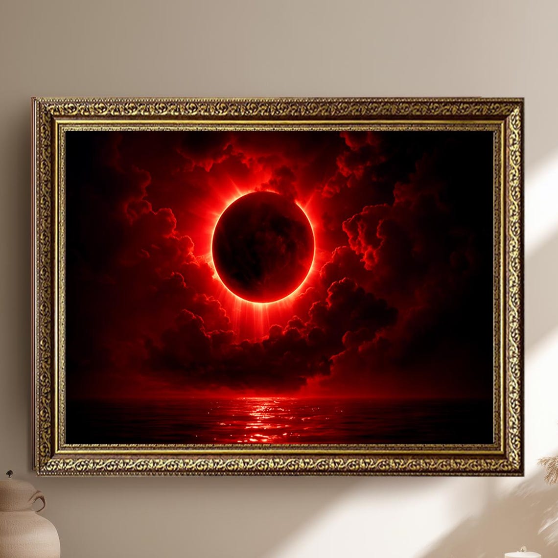 Red Solar Eclipse Over Ocean with Fiery Clouds Fantasy Poster