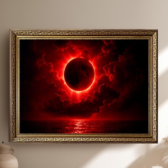 Red Solar Eclipse Over Ocean with Fiery Clouds Fantasy Poster