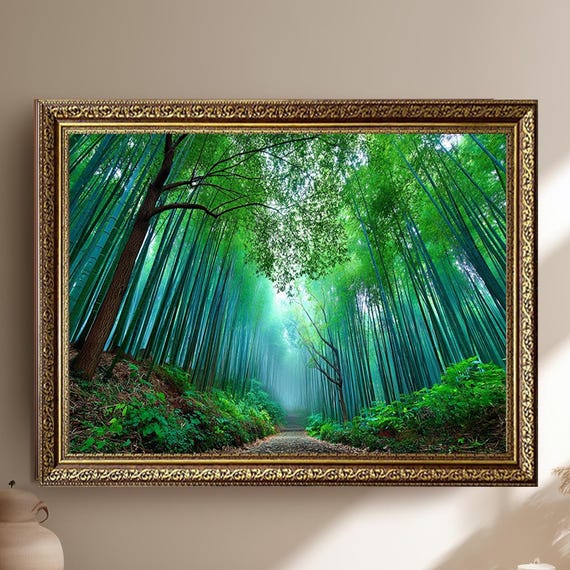 Lush Bamboo Forest Path Canvas Wall Art Vibrant Green Nature Print With Sunlight For Zen Home Meditation Room Or Spa Inspired Decor