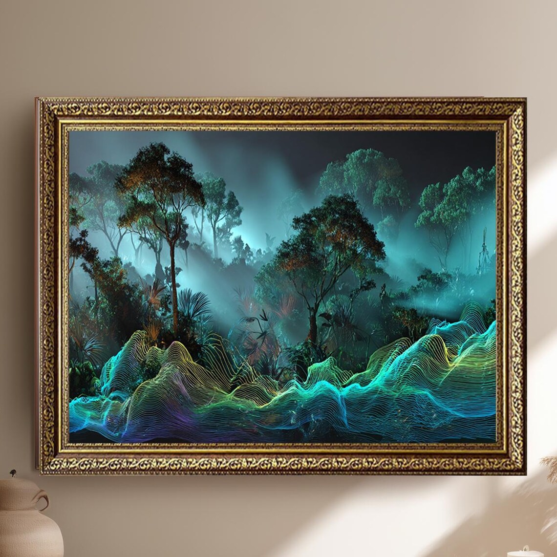 Neon Light Waves in Misty Jungle Futuristic Night Nature Art Poster