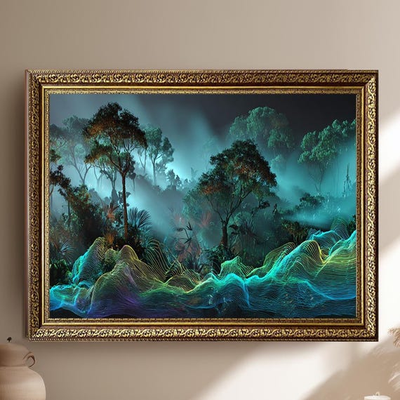 Forest Canvas Wall Art Neon Waves In Misty Jungle Landscape Print Futuristic Nature Artwork For Modern And Techinspired Decor