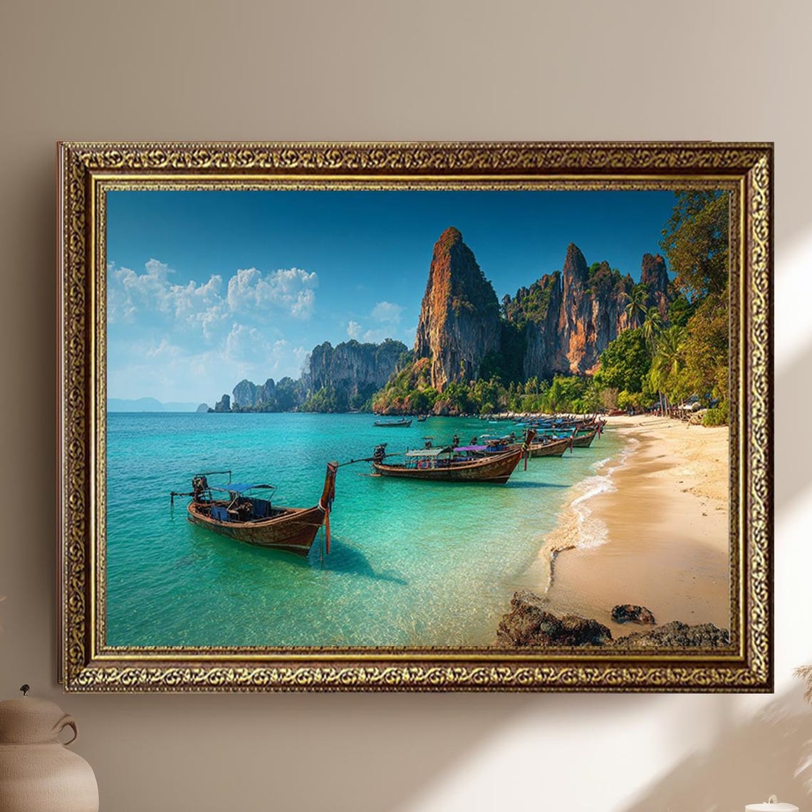Thai Longtail Boats Turquoise Beach Limestone Cliffs Seascape Poster