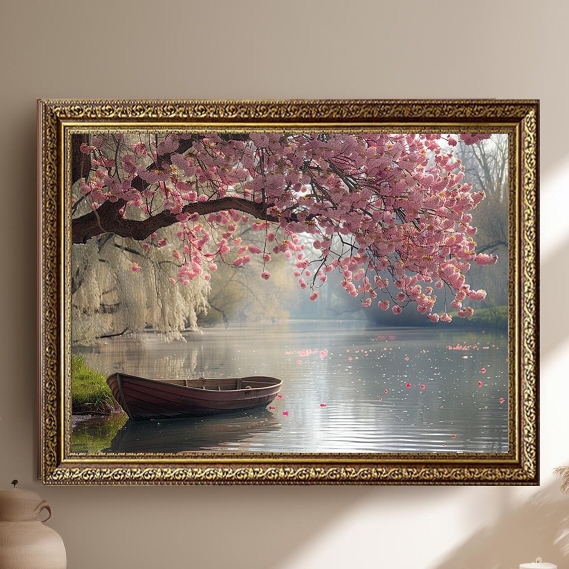 Cherry Blossom Tree And Rowboat Lake Art Print