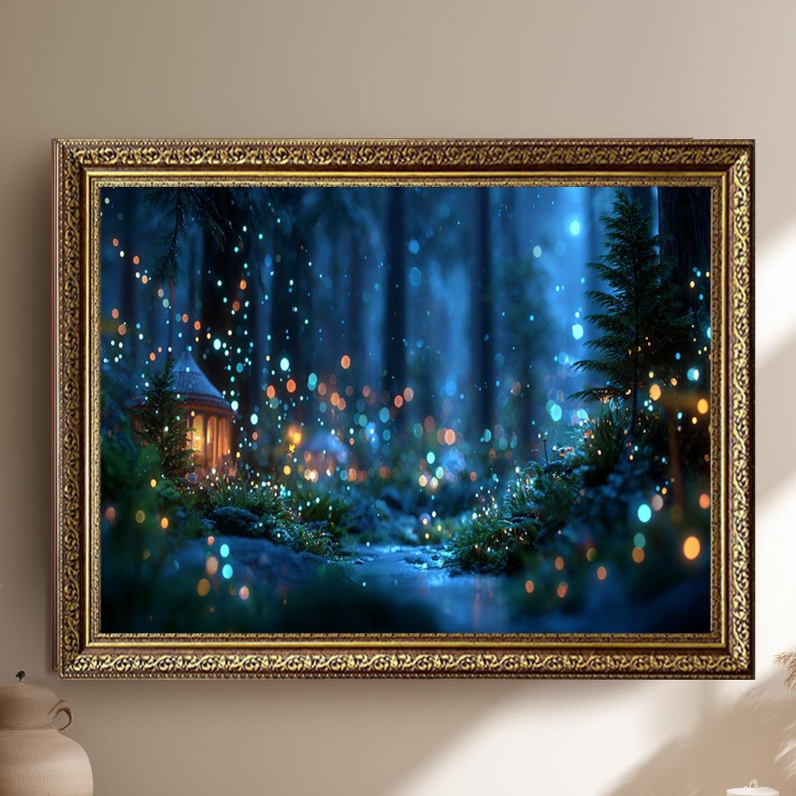 Enchanted Forest Cottage With Glowing Fireflies Night Wall Art
