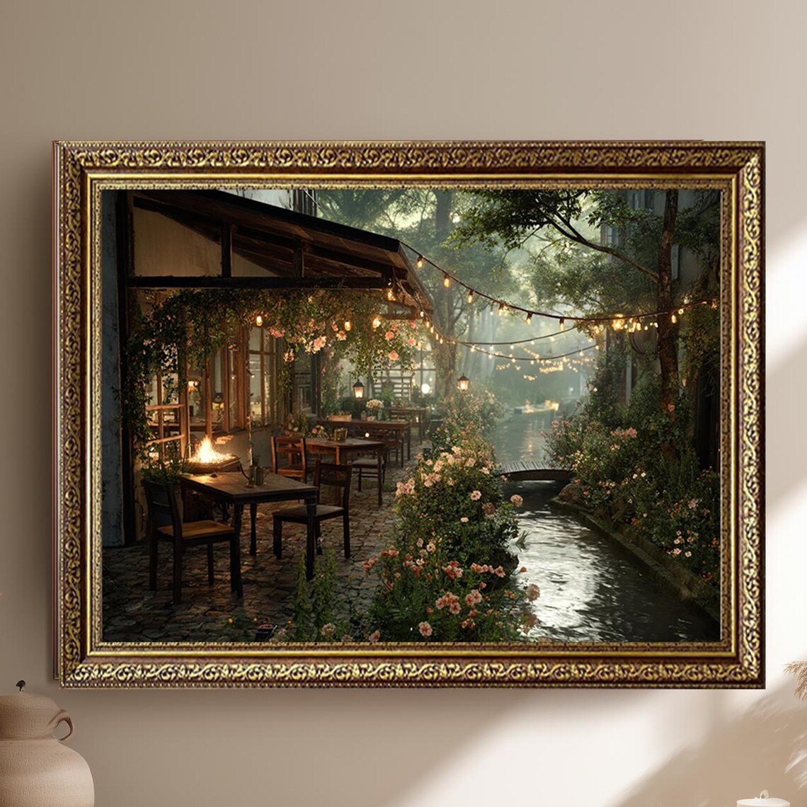 Romantic Riverside Cafe Fairy Lights Evening Garden Wall Art