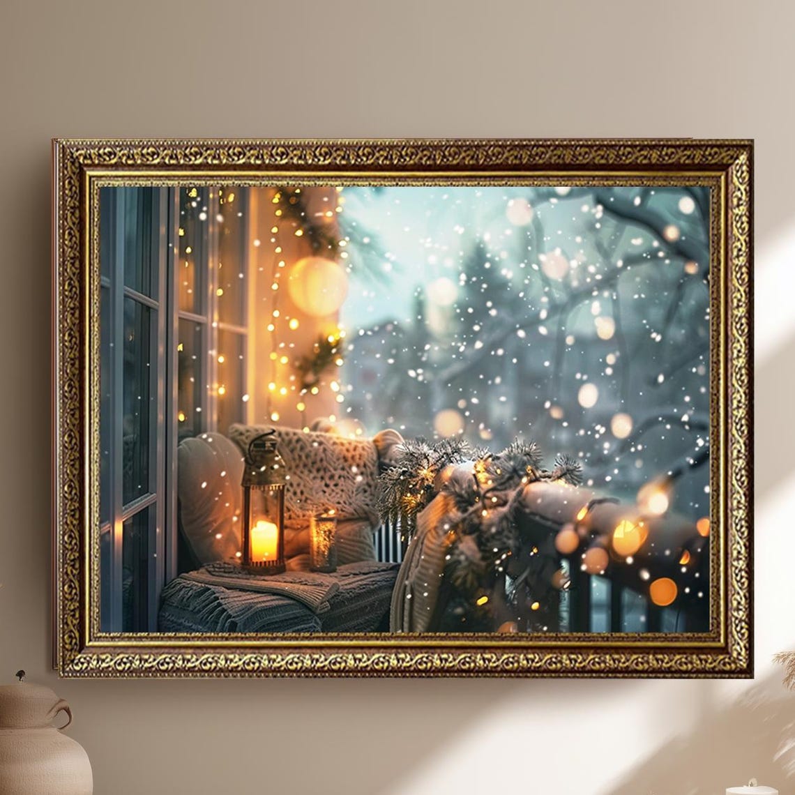 Cozy Christmas Balcony Candlelit Lantern Snowfall Winter Print