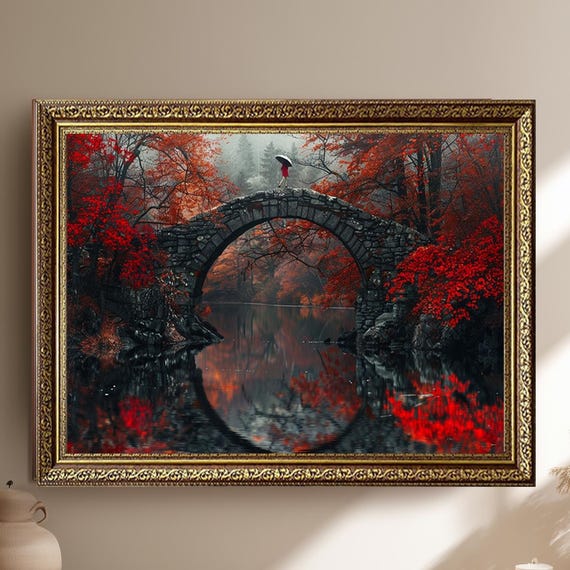 Mysterious Autumn Bridge Canvas Wall Art With Red Leaves And Reflection Romantic Moody Forest Scene Print For Fall Nature Decor