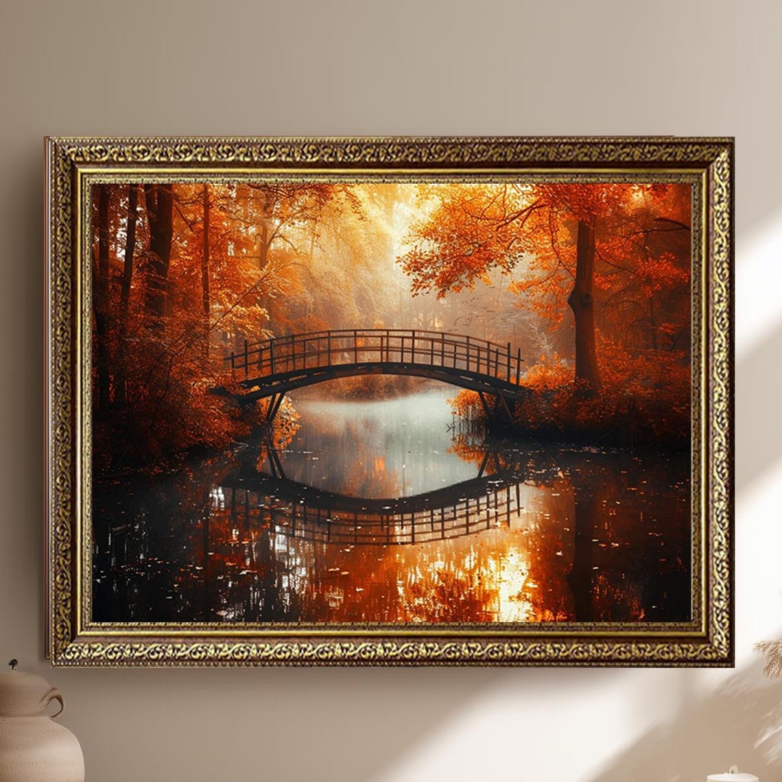 Autumn Bridge Over Still Reflective Pond Fall Landscape Print