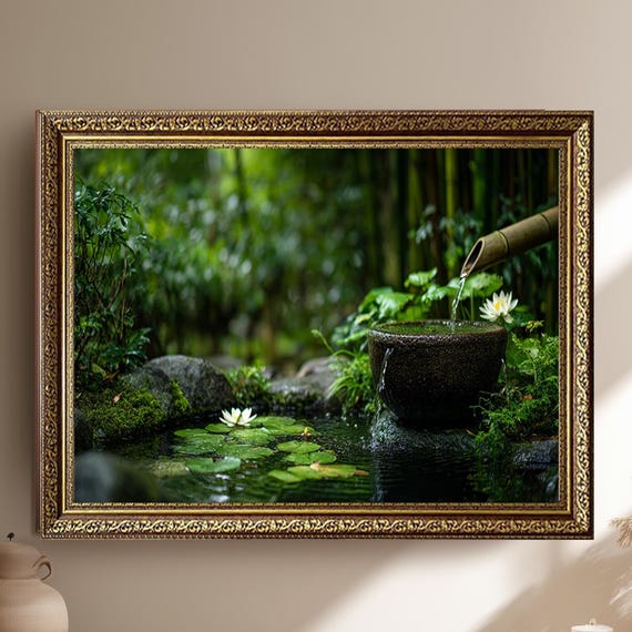 Japanese Bamboo Water Fountain Canvas Wall Art With Lily Pond Zen Garden Nature Print For Meditation Room Or Tranquil Spa Style Decor