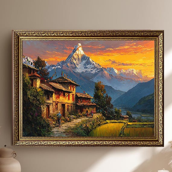 Himalayan Village Sunset Canvas Wall Art With Majestic Snow Mountain Landscape And Rustic Houses In Vibrant Warm Evening Colors