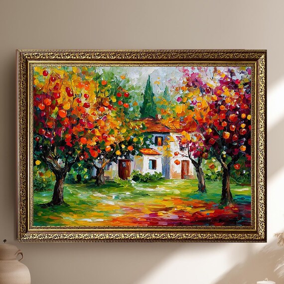 Colorful Autumn Orchard Cottage Oil Painting Rustic Countryside Poster