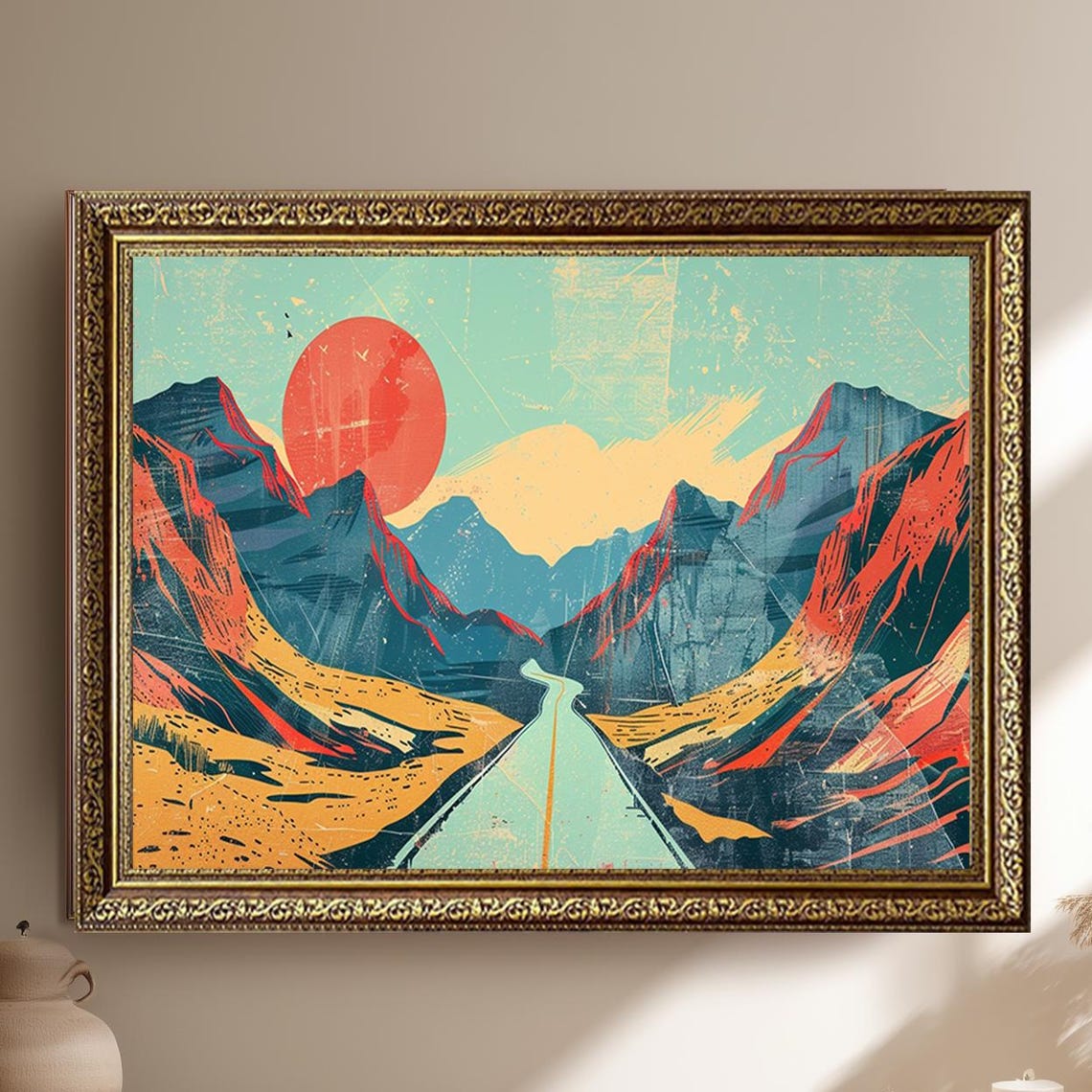 Retro Desert Canyon Road Under Red Sun Vintage Adventure Poster