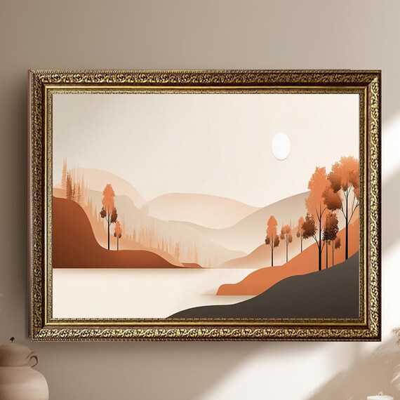 Minimalist Autumn Mountains Lake Neutral Tone Landscape Poster
