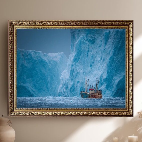 Arctic Iceberg Fishing Boat Blue Glacier Nautical Photo Poster