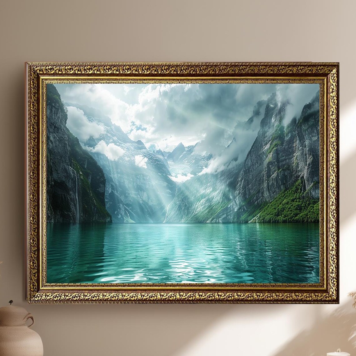 Misty Mountain Fjord Sunbeams Turquoise Water Calm Wall Poster