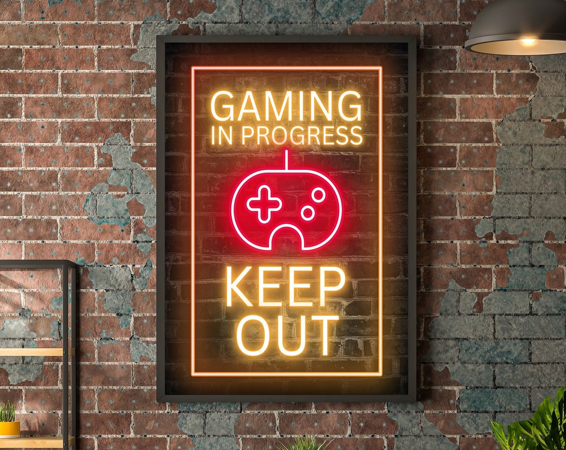 Gaming In Progress Keep Out Neon Sign Gamepad Room Wall Poster