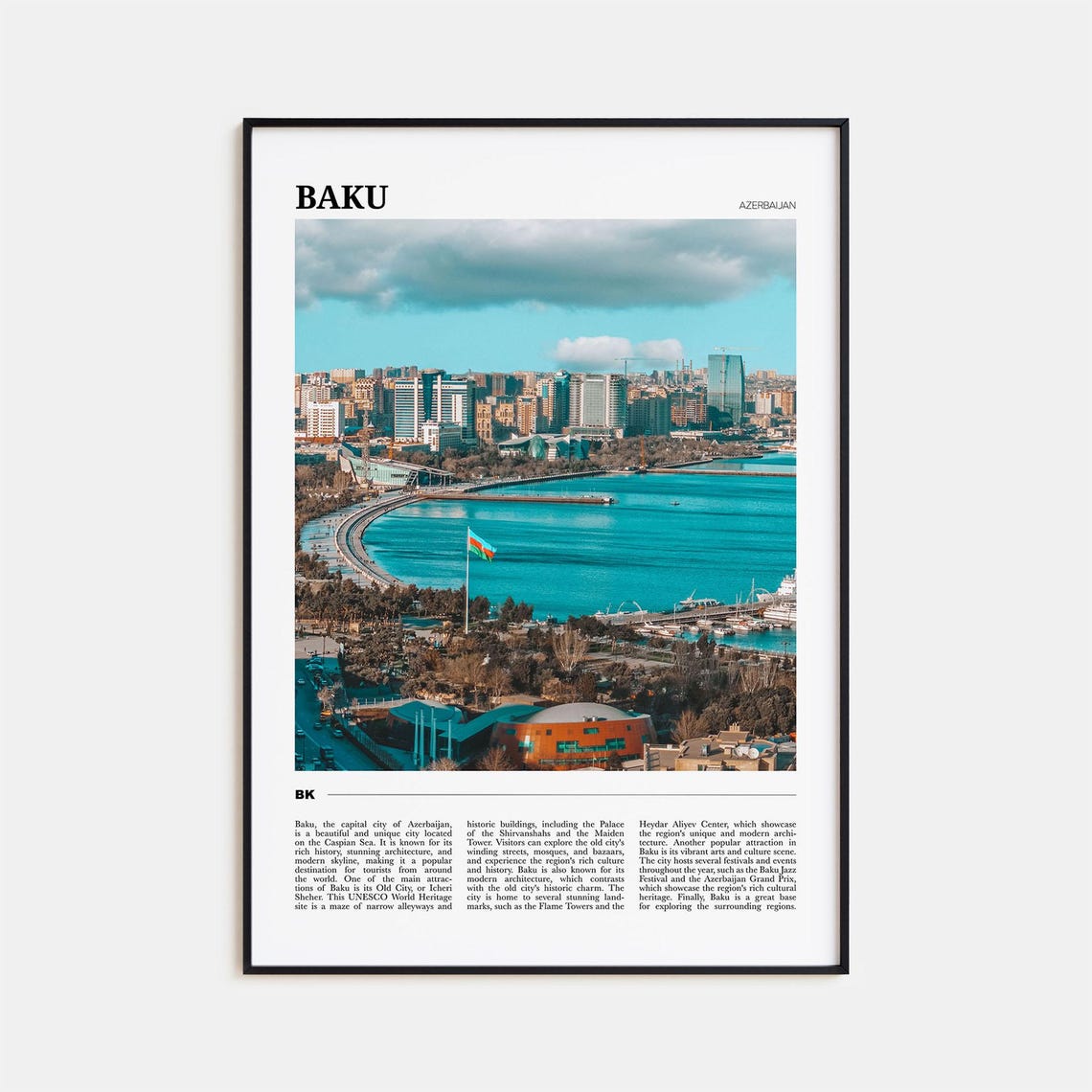 Baku Azerbaijan Caspian Sea Waterfront Skyline Flag Travel Poster