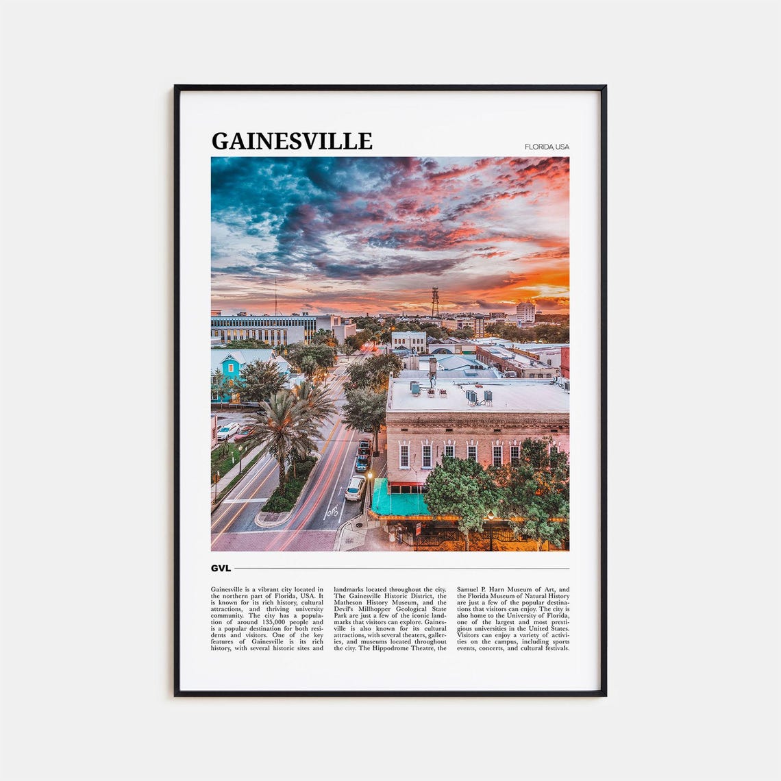 Gainesville Florida Sunset Downtown Street Aerial View Travel Poster