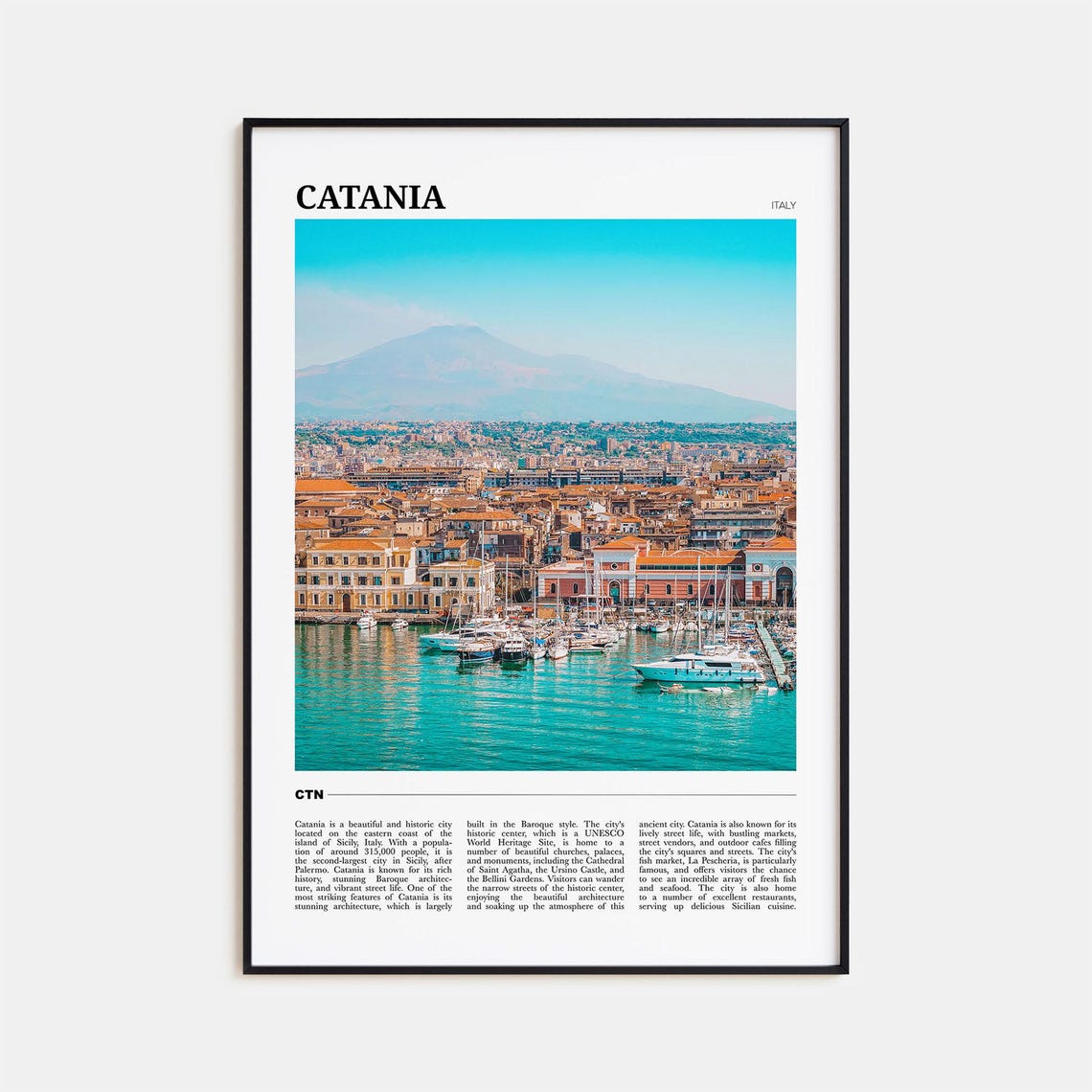 Catania Italy Sicily Harbor Mount Etna Volcano View Travel Poster