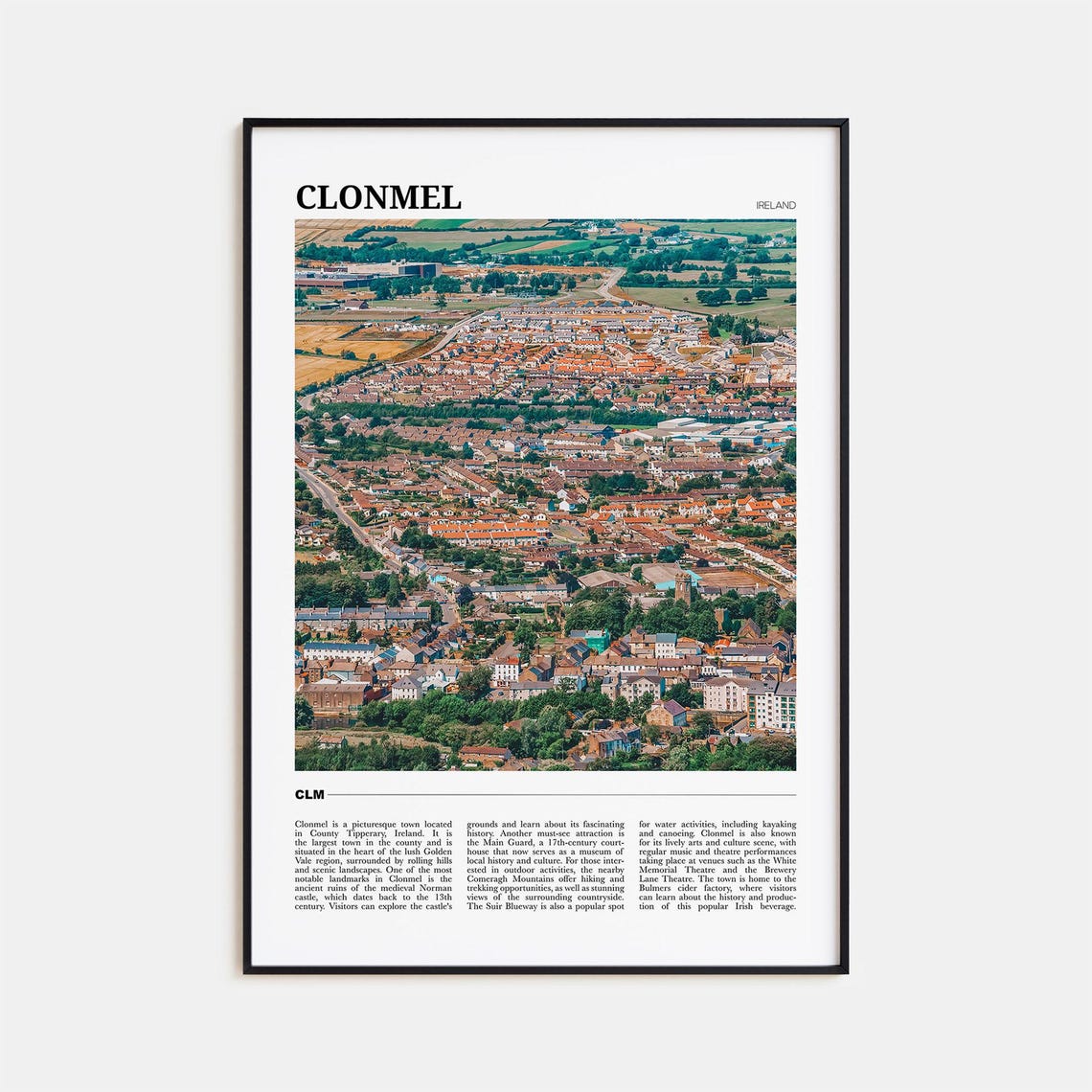 Clonmel Ireland Golden Vale Town Aerial Pastoral View Travel Poster