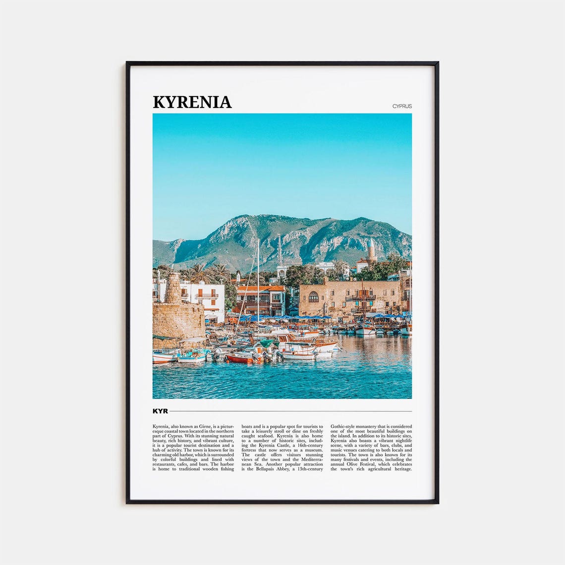 Kyrenia Cyprus Harbor Boats Mountains Photo Text Travel Poster