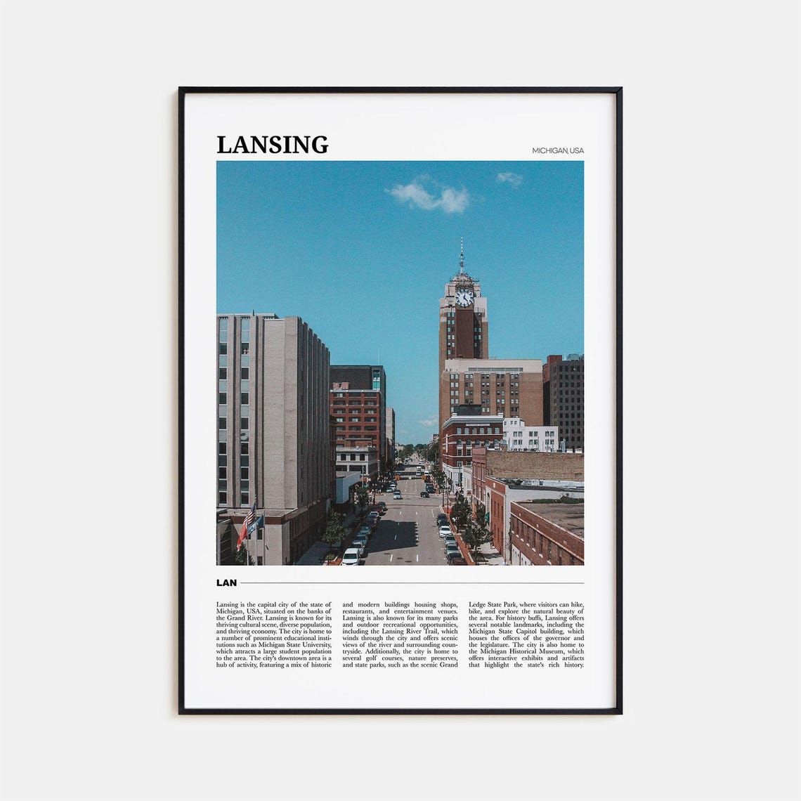 Lansing Michigan Downtown Street Clock Tower City Skyline Poster