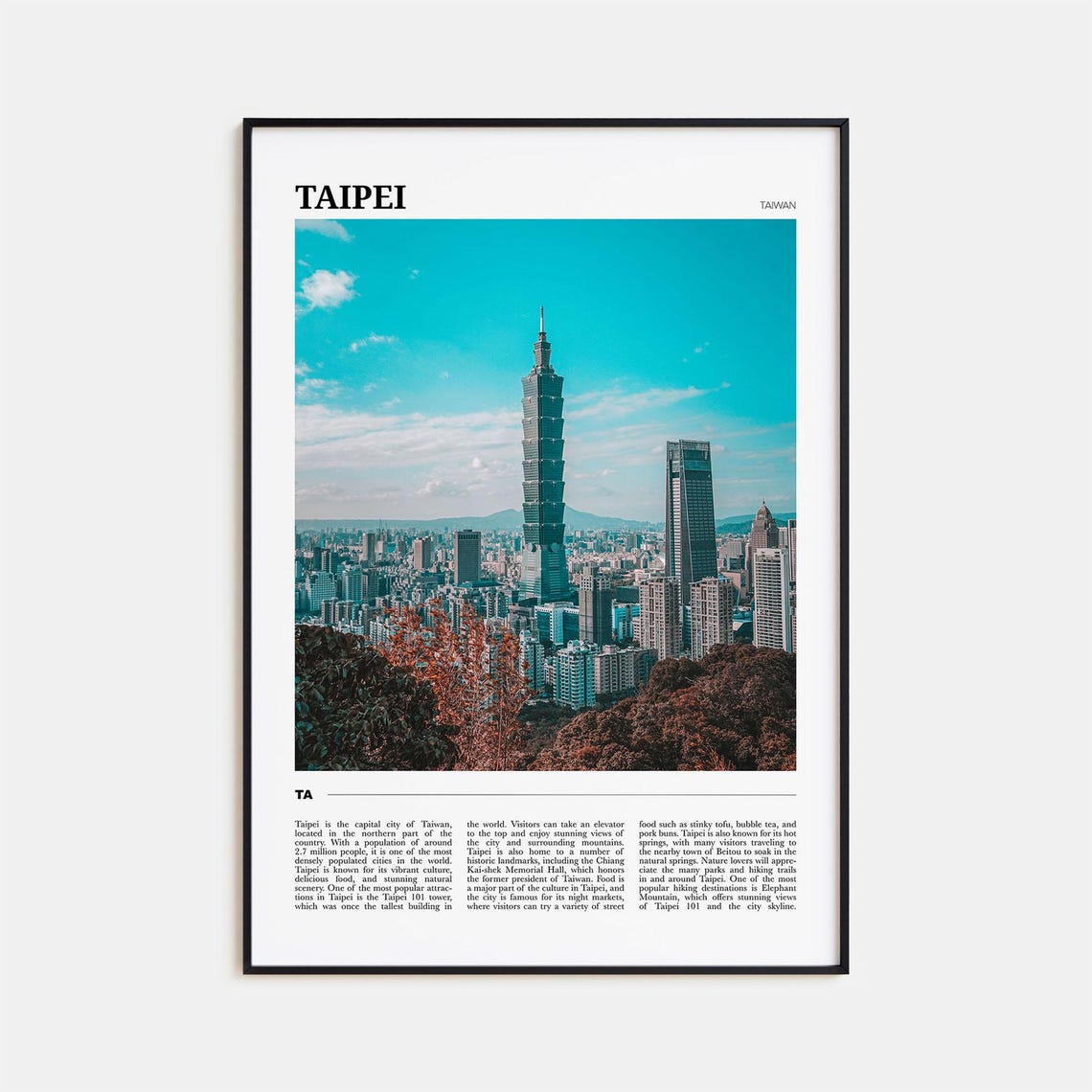 Taipei Taiwan 101 Tower City Skyline Travel Photography Poster