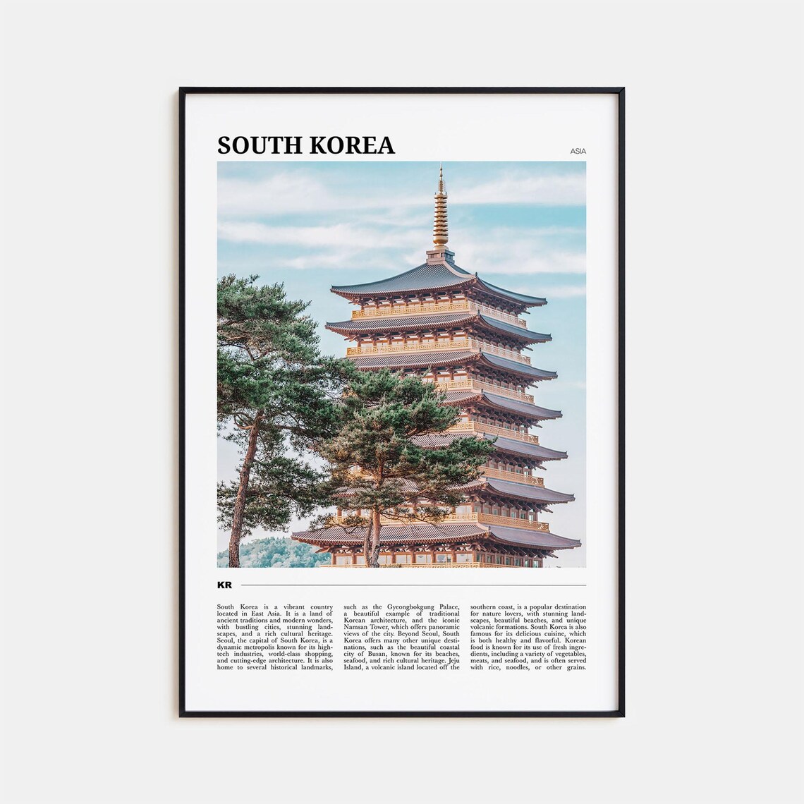 South Korea Wooden Pagoda Pine Trees Traditional Asia Travel Poster