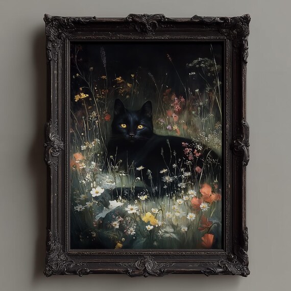 Black Cat with Golden Eyes Resting in Night Wildflowers Dark Poster