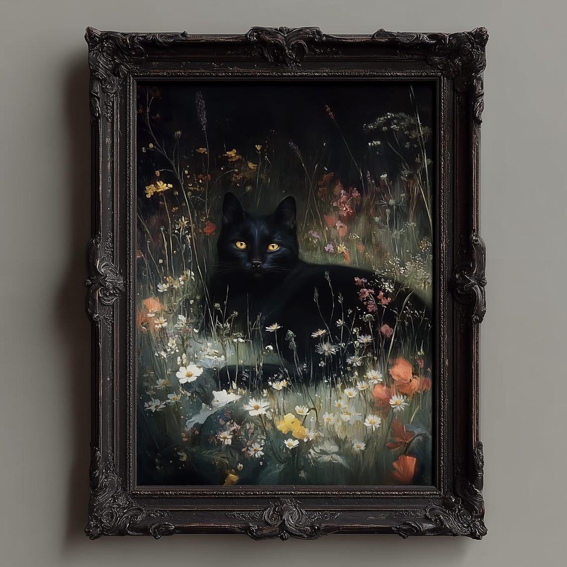 Black Cat with Golden Eyes Resting in Night Wildflowers Dark Poster