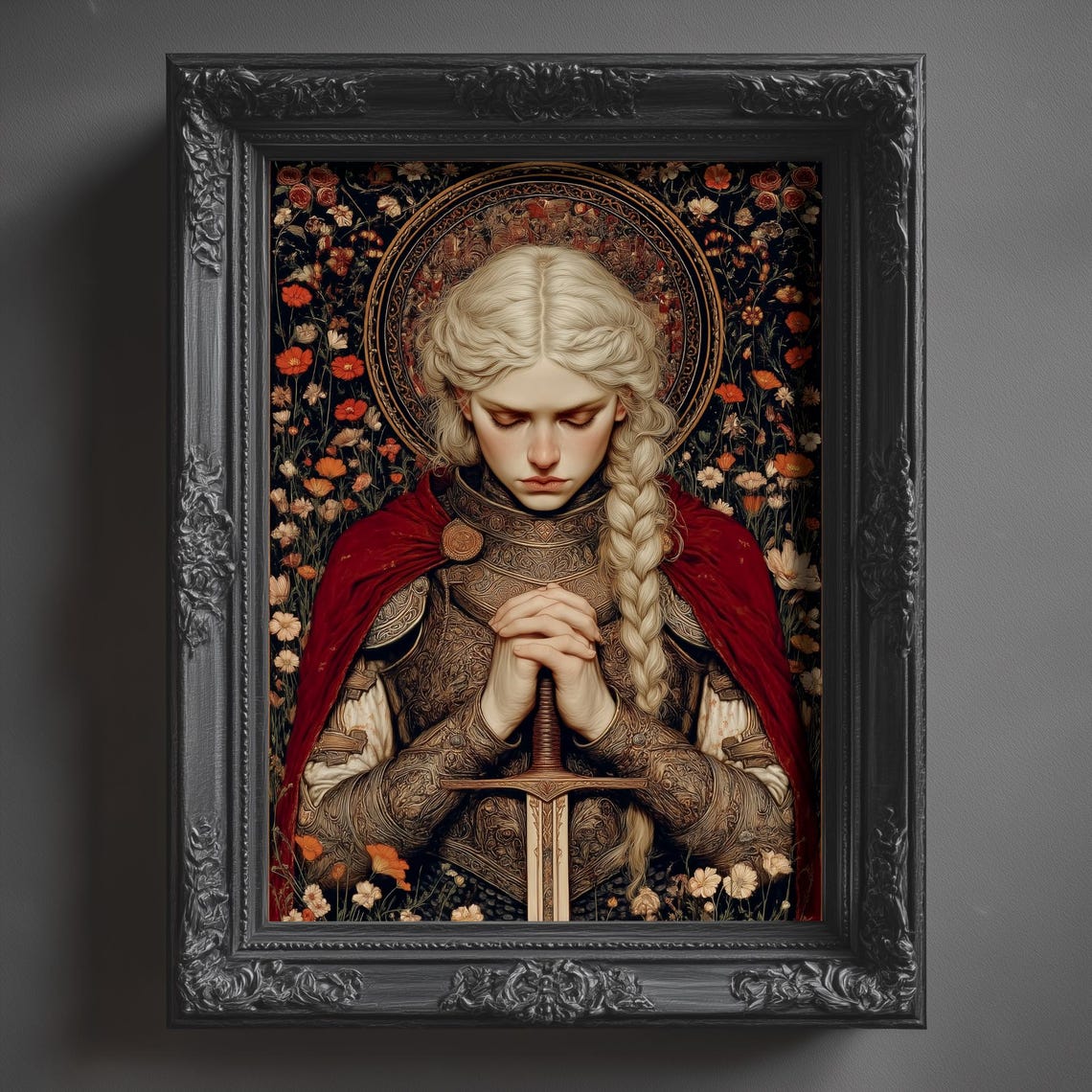 Female Knight Floral Armor Red Cape Sword Medieval Romance Poster